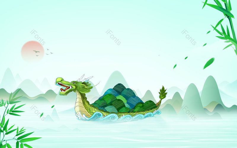 绿色古风山水端午节划龙舟展板背景,插画/手绘图,插画/手绘图库,插画/手绘图下载,插画/手绘